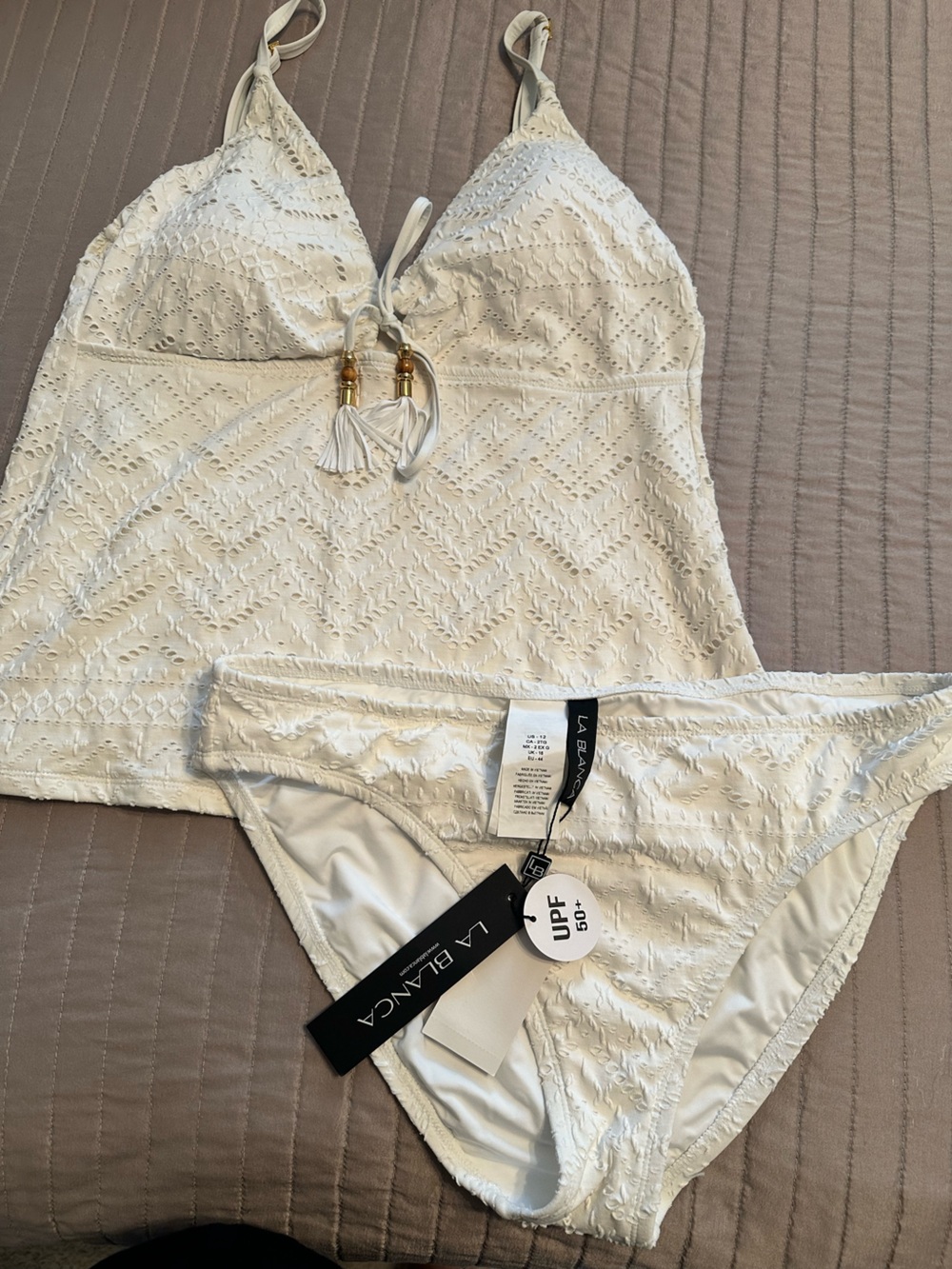 La Blanca Ivory Eyelet Tankini Top with Tassel & Matching Bikini Bottoms - Picture 3 of 5